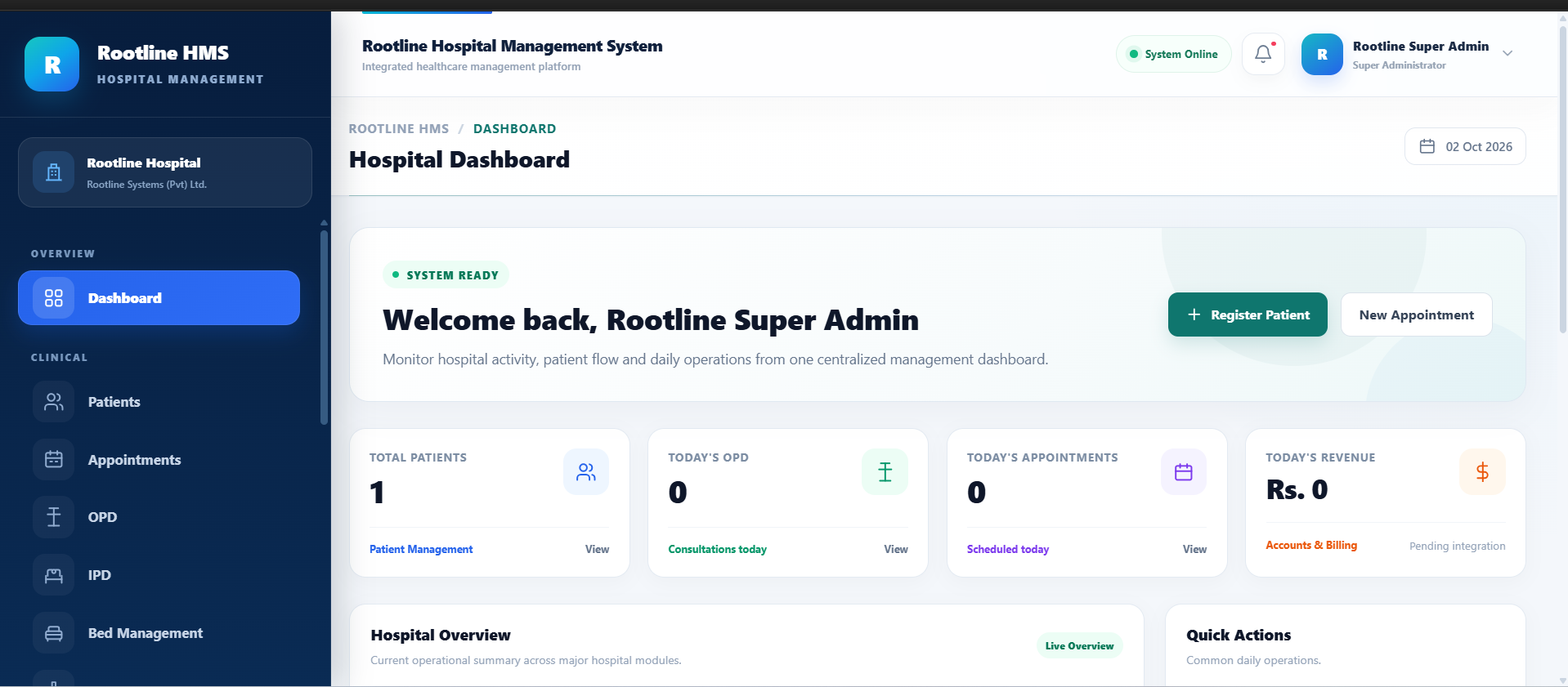Rootline HMS Hospital Dashboard