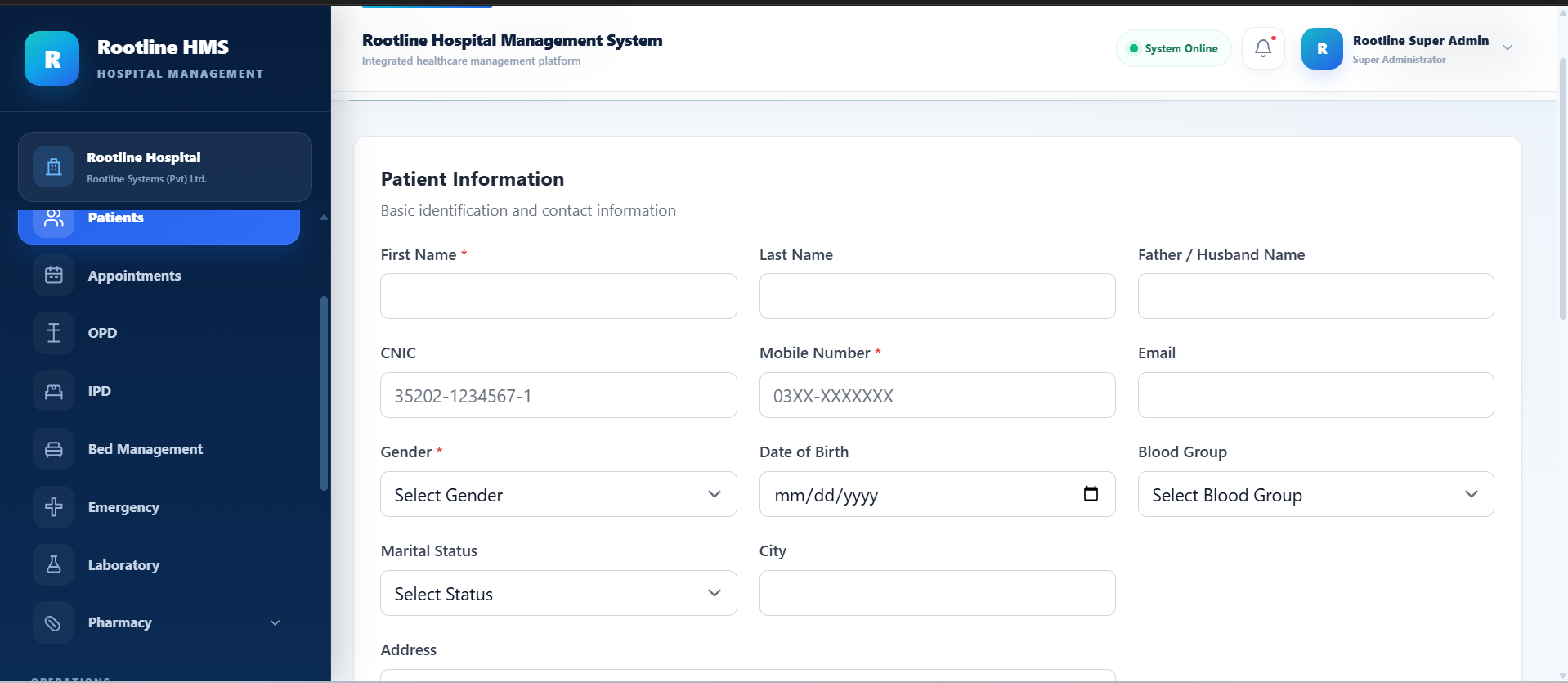 Rootline HMS Patient Registration