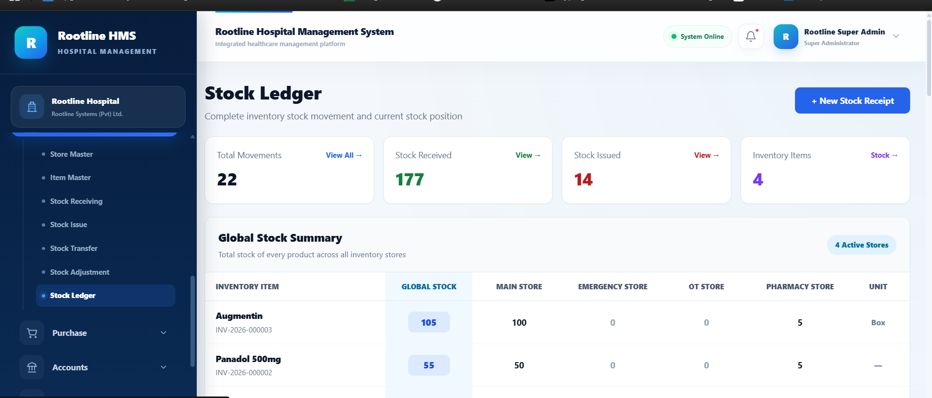 Rootline HMS Stock Ledger